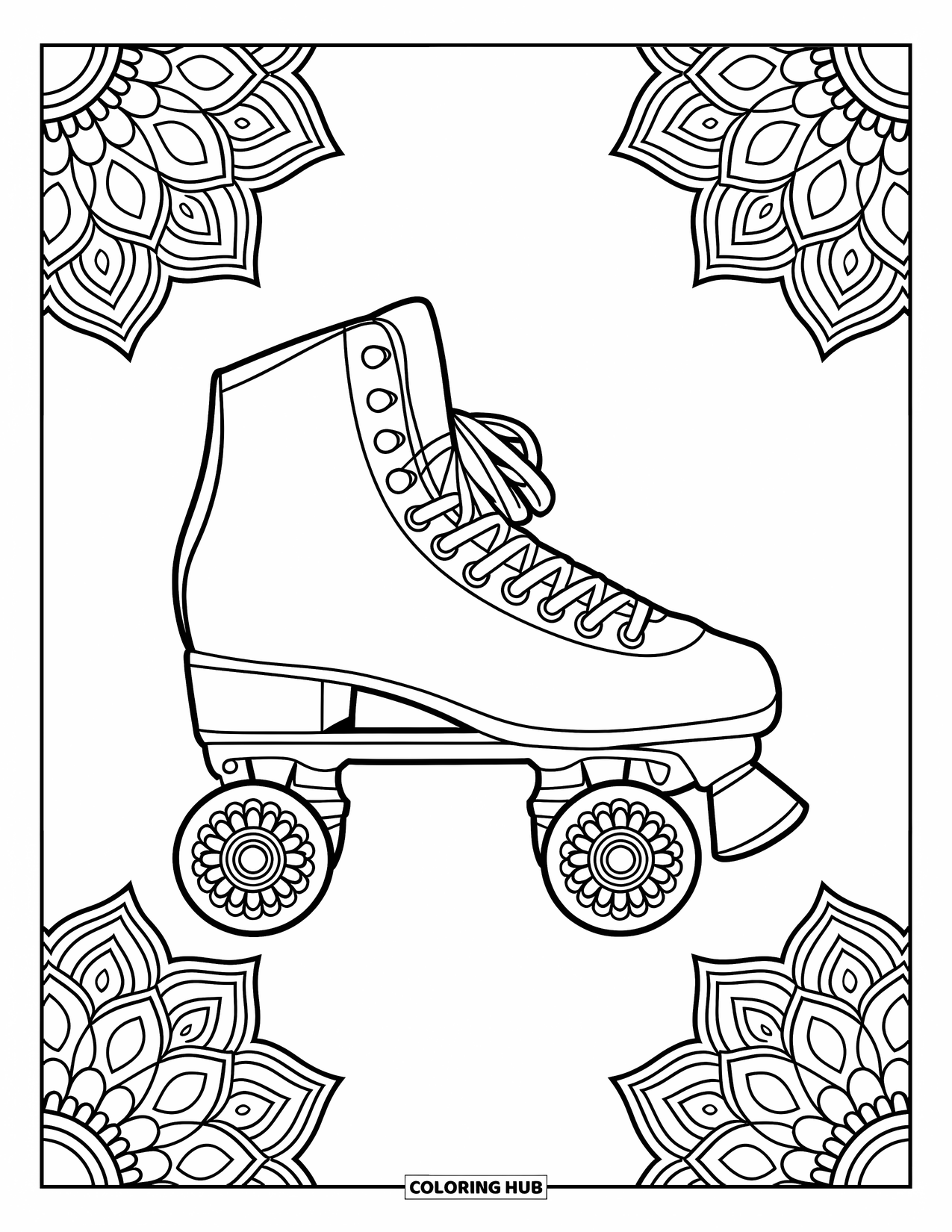 Retro Coloring Page for Adults: A roller skate with flower-shaped wheels beside a mandala design