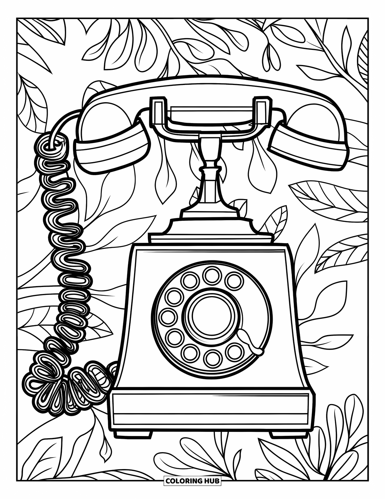 Retro Coloring Page for Adults: A rotary phone with its cord curling into leafy spirals