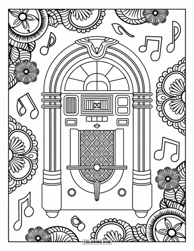 Yetişkinler için Retro Boyama Sayfası: Çiçek ve müzik notası desenli yuvarlak bir jukebox