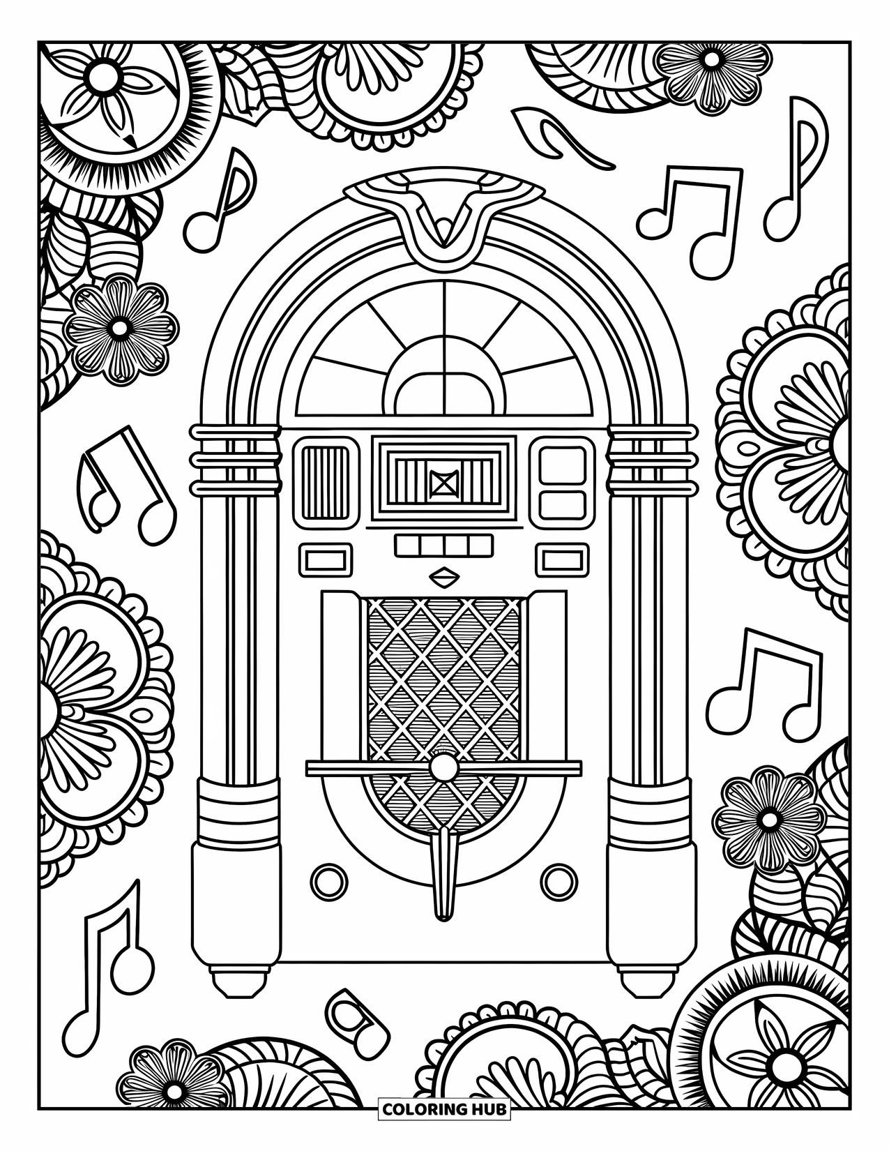 Retro Coloring Page for Adults: A round jukebox with flowers and music note designs