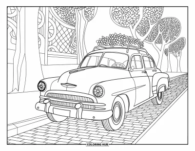 Yetişkinler için Retro Boyama Sayfası: Üstünde çiçekler ve yakınında desenli ağaçlarla vintage bir araba