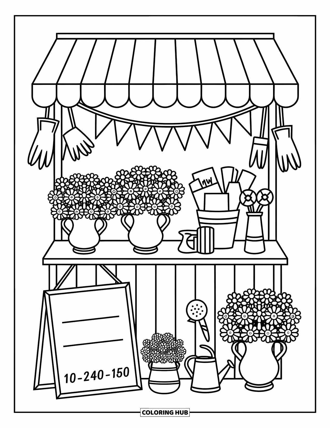 Retro Coloring Page for Adults: An open-air flower stand with bouquets, tools, and fluttering pennants
