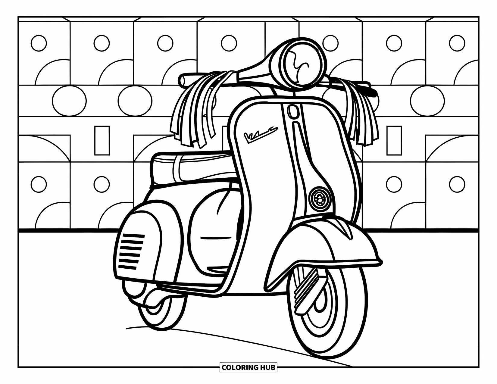 Retro Coloring Page for Kids: A 70s scooter with ribbons on the handles and patterned ground