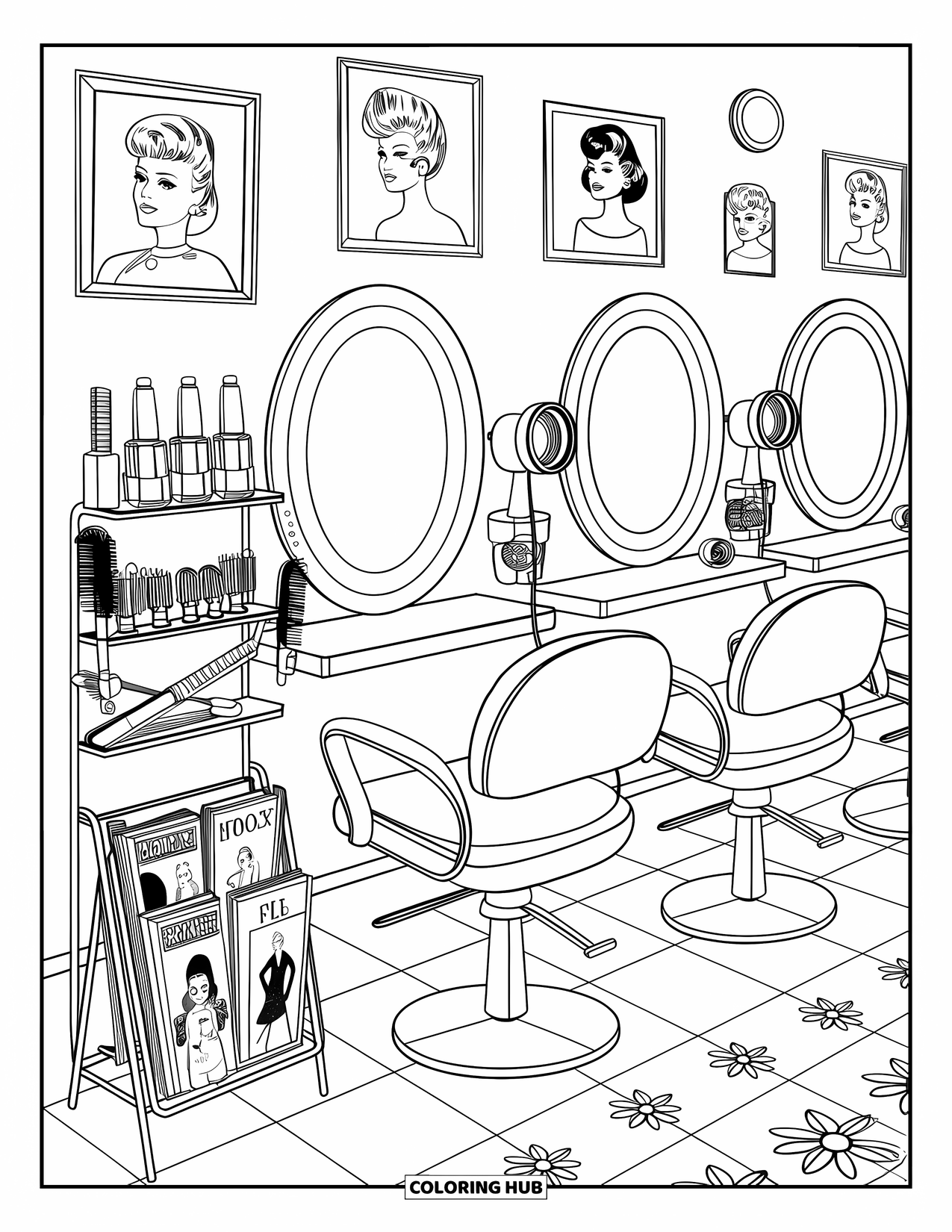 Retro Coloring Page for Kids: A cheerful 1960s salon scene with chairs and vintage décor