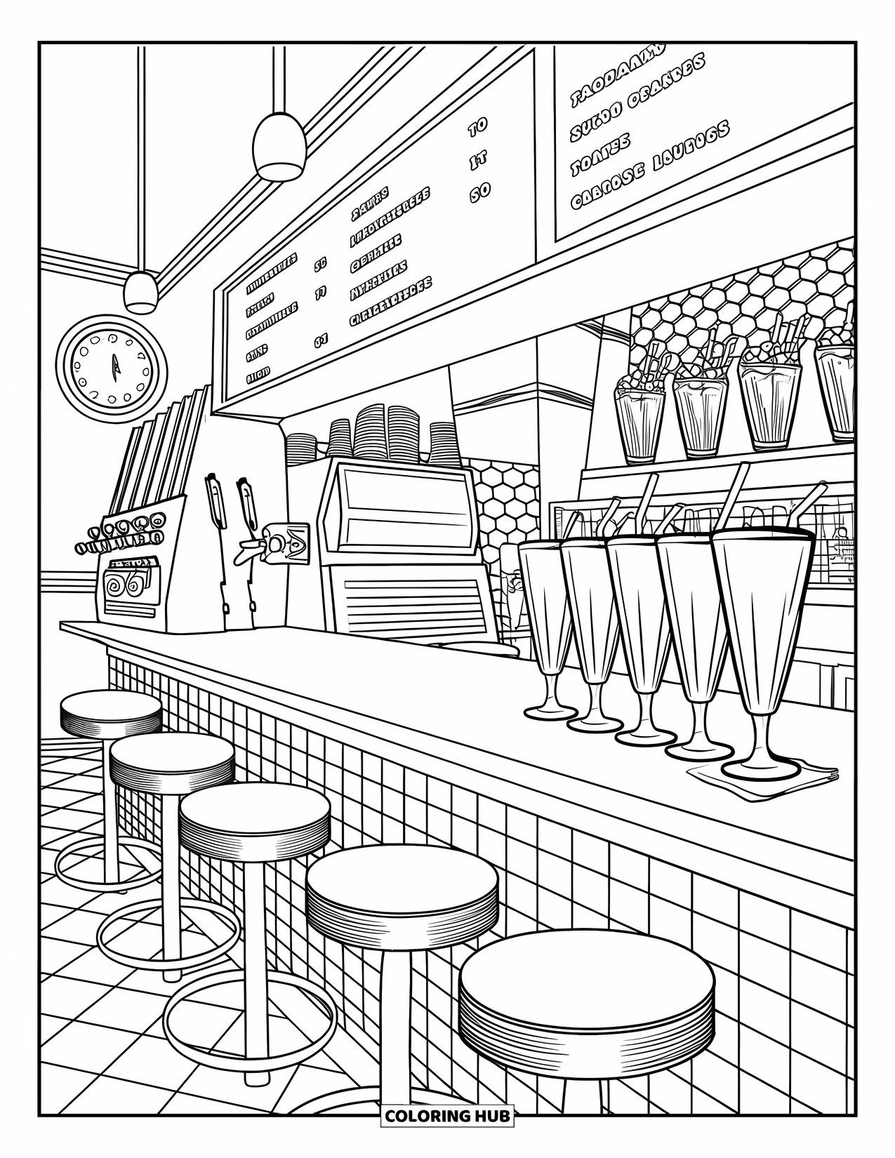 Retro Coloring Page for Kids: A cheerful soda shop with stools, tiled floors, and sundae glasses