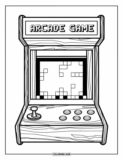 Çocuklar için Retro Boyama Sayfası: Düğmeli, joystickli ve piksel ekranlı klasik bir atari makinesi