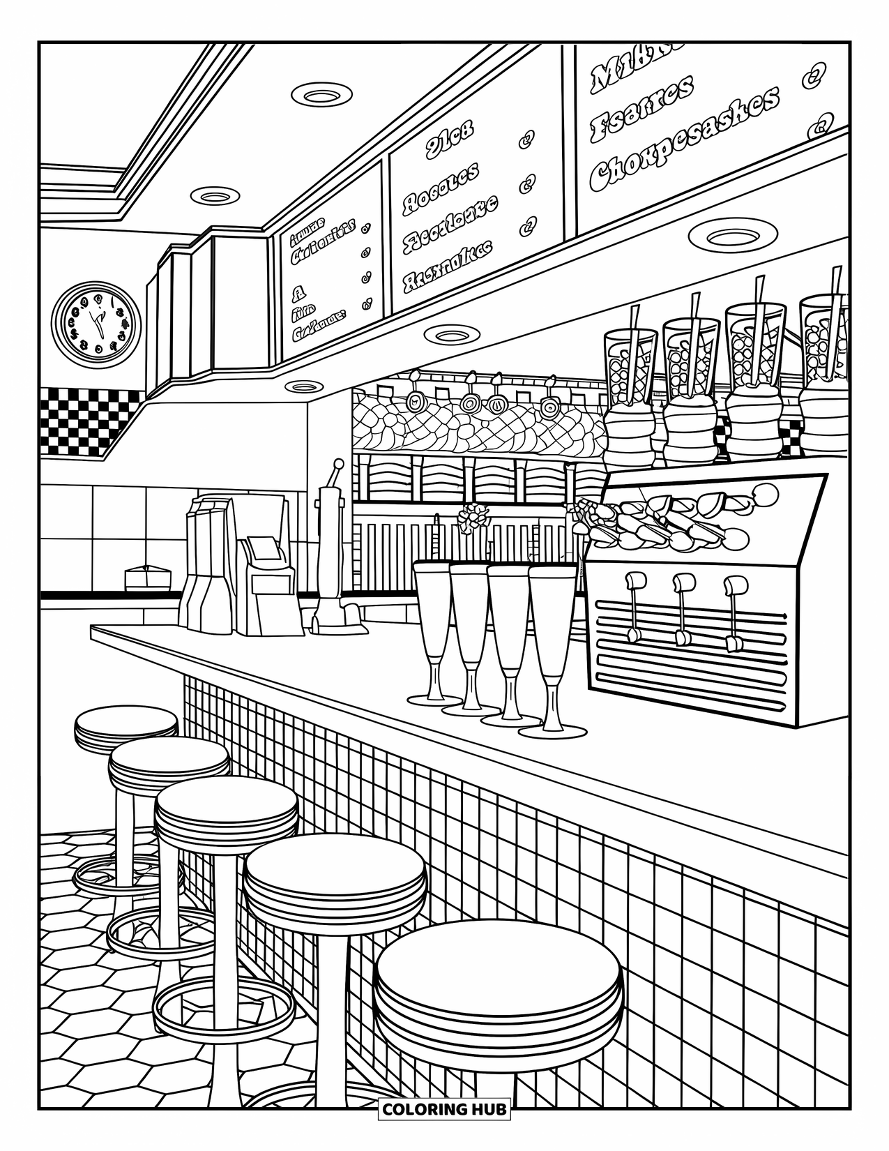 Retro Coloring Page for Kids: A cozy 1950s soda fountain with stools and milkshakes on the counter