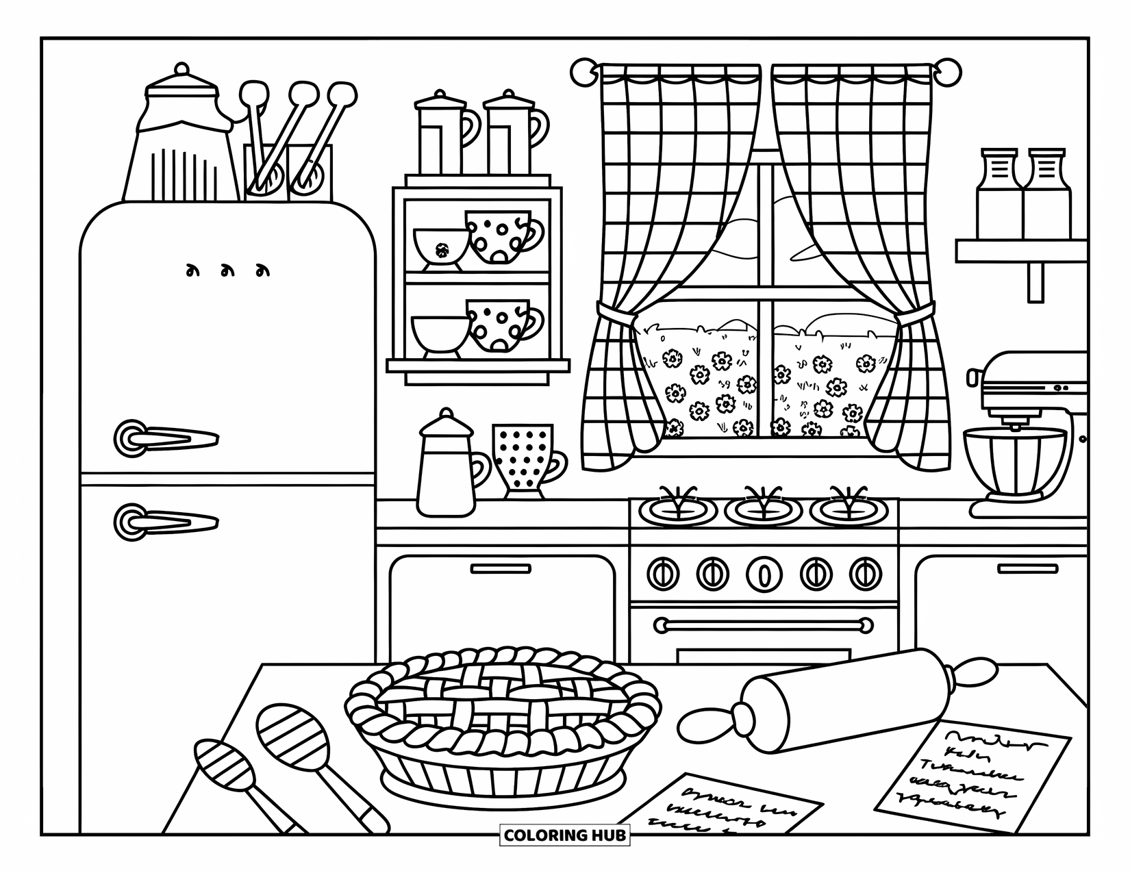 Retro Coloring Page for Kids: A cozy kitchen with vintage appliances and a pie on the table