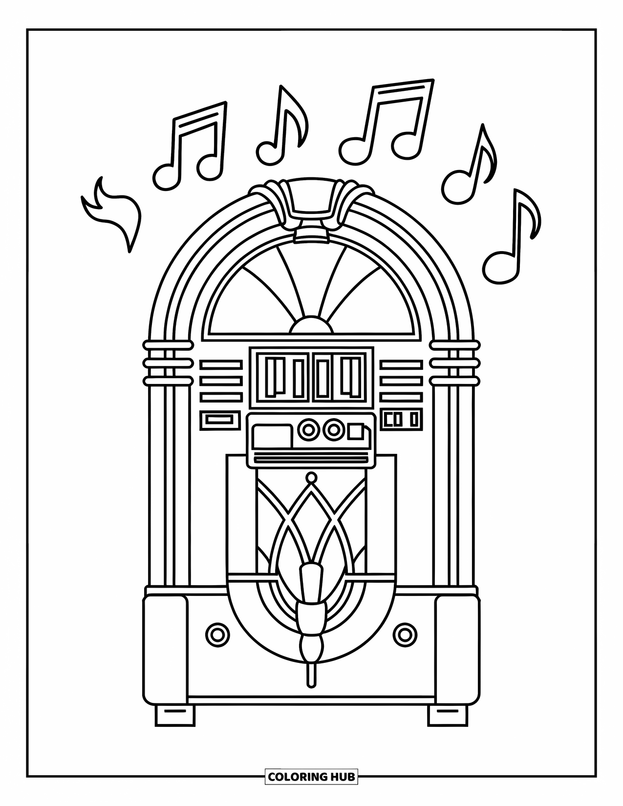 Retro Coloring Page for Kids: A curved jukebox playing tunes with notes floating above