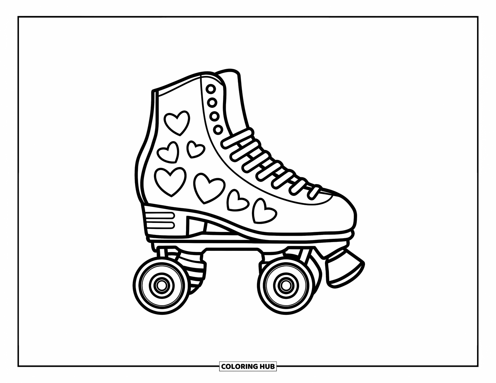 Retro Coloring Page for Kids: A cute roller skate with heart designs and four sturdy wheels