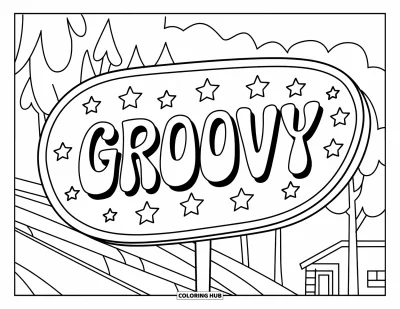 Çocuklar için Retro Boyama Sayfası: Ağaçların ve küçük bir evin yanında yıldızlı "Groovy" yazılı bir tabela