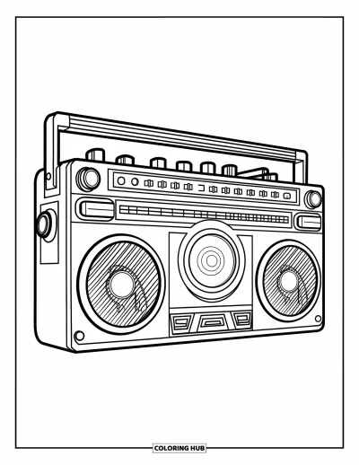 Çocuklar için Retro Boyama Sayfası: Parlak ön yüzlü ve vintage tasarımlı neşeli bir teyp