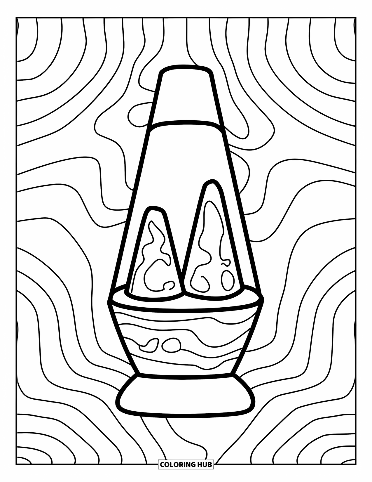 Retro Coloring Page for Kids: A lava lamp with wavy lines and two bright floating blobs