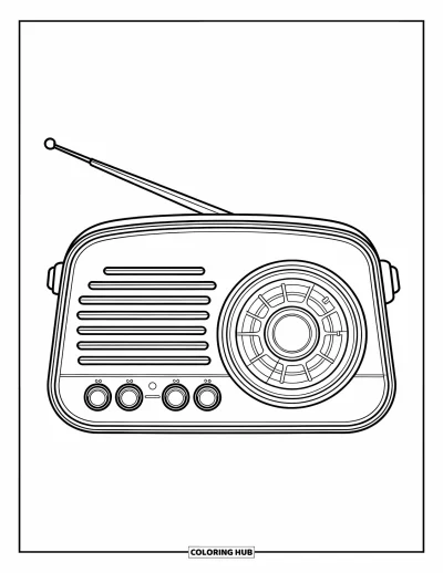 Çocuklar için Retro Boyama Sayfası: Vintage tarzda büyük kadranları ve antenli bir radyo