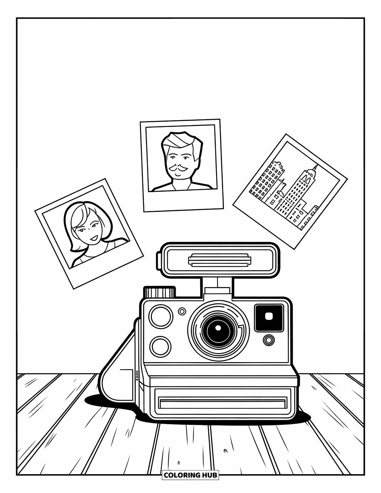 Retro Coloring Page for Kids: A retro camera with floating instant photos of people and places