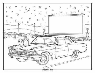 Çocuklar için Retro Boyama Sayfası: Yıldızlı gece gökyüzünün altında drive-in'e park etmiş retro bir araba