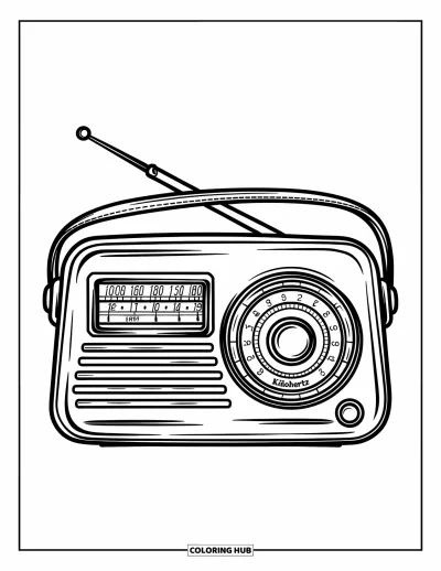 Çocuklar için Retro Boyama Sayfası: Frekans kadranı ve deri askılı retro bir radyo