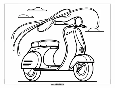 Çocuklar için Retro Boyama Sayfası: Kavisli gidonlu ve uzun akan serpantinli retro bir scooter