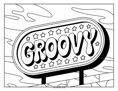 Çocuklar için Retro Boyama Sayfası: Parlak ve eğlenceli yıldızlarla çevrili "Groovy" yazılı retro bir tabela
