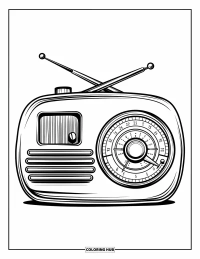 Çocuklar için Retro Boyama Sayfası: Kadranları, düğmeleri ve uzun antenli yuvarlak bir retro radyo