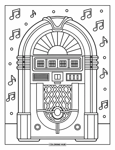 Çocuklar için Retro Boyama Sayfası: Her yanında müzik notaları parlayan yuvarlak bir jukebox
