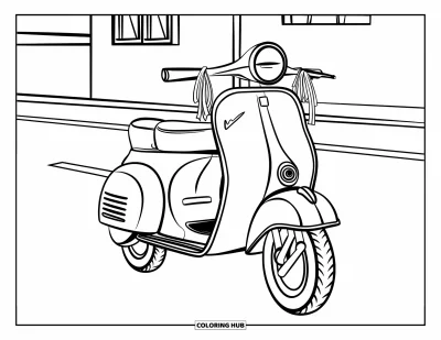 Çocuklar için Retro Boyama Sayfası: Sakin bir yol kenarına park etmiş, serpantinli bir scooter
