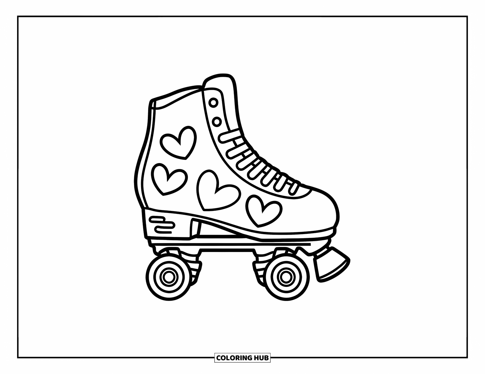 Retro Coloring Page for Kids: A simple roller skate with hearts and big wheels for fun