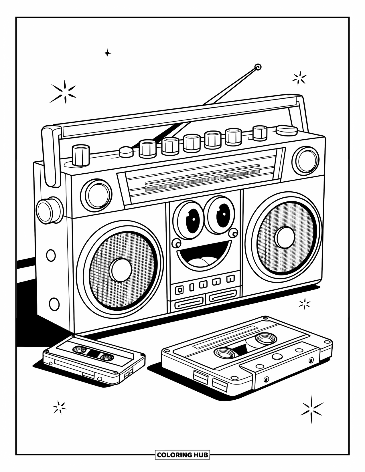 Retro Coloring Page for Kids: A smiling boombox with eyes and buttons shaped like a face