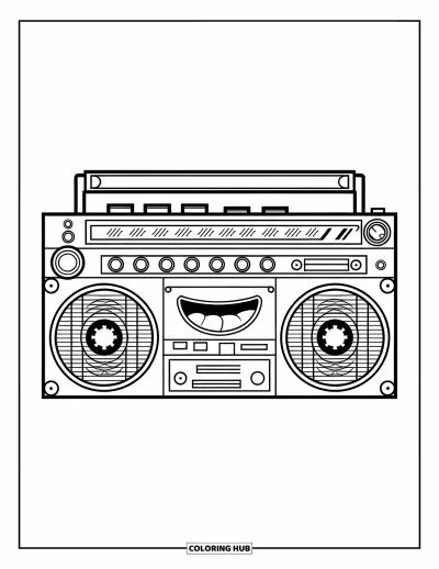 Çocuklar için Retro Boyama Sayfası: Büyük düğmeli ve kaset bölmeli gülen bir retro teyp
