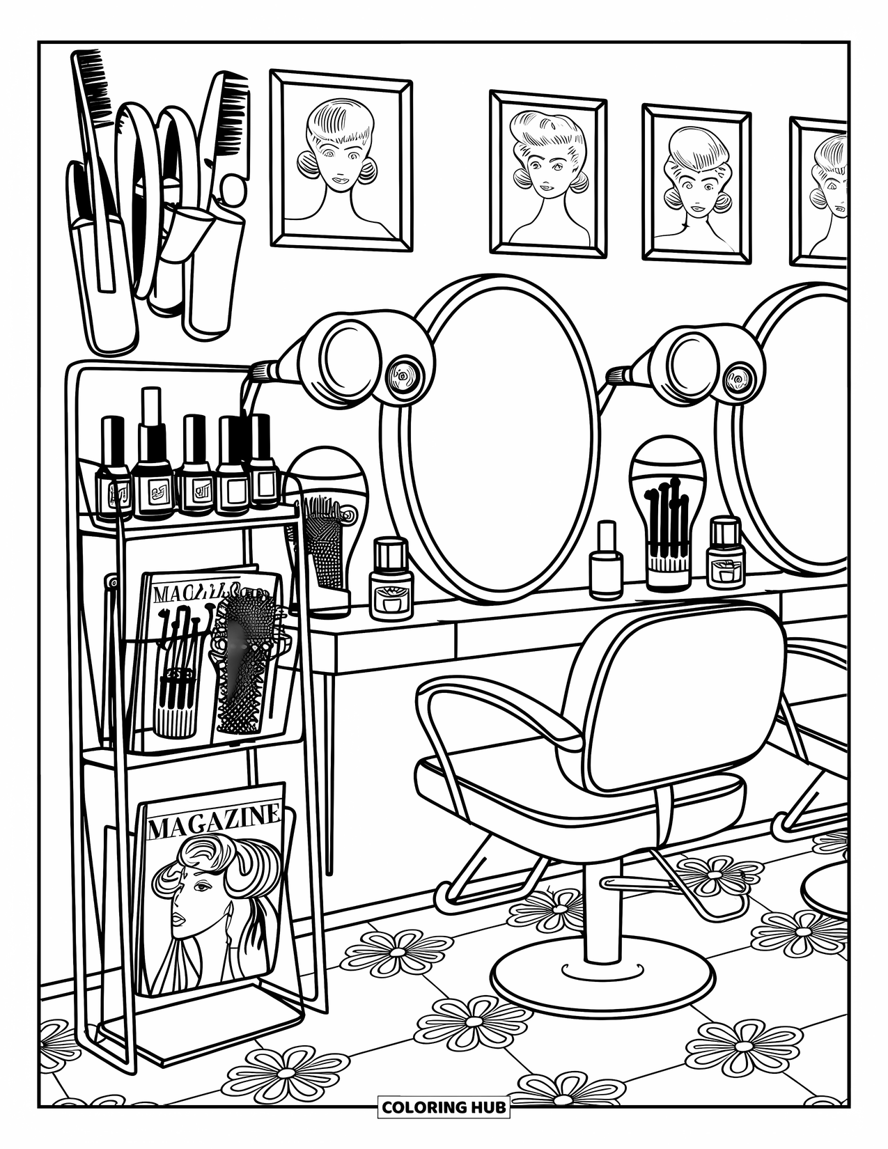 Retro Coloring Page for Kids: A stylish vintage salon filled with rollers, brushes, and mirrors