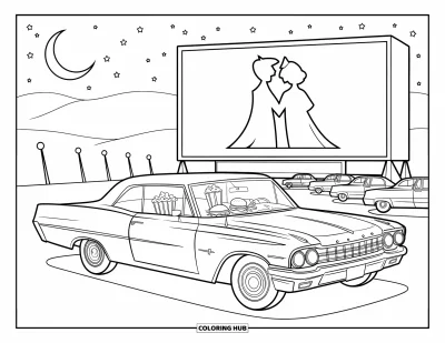 Çocuklar için Retro Boyama Sayfası: Drive-in'de penceresinde patlamış mısır ve gazozla duran vintage bir araba