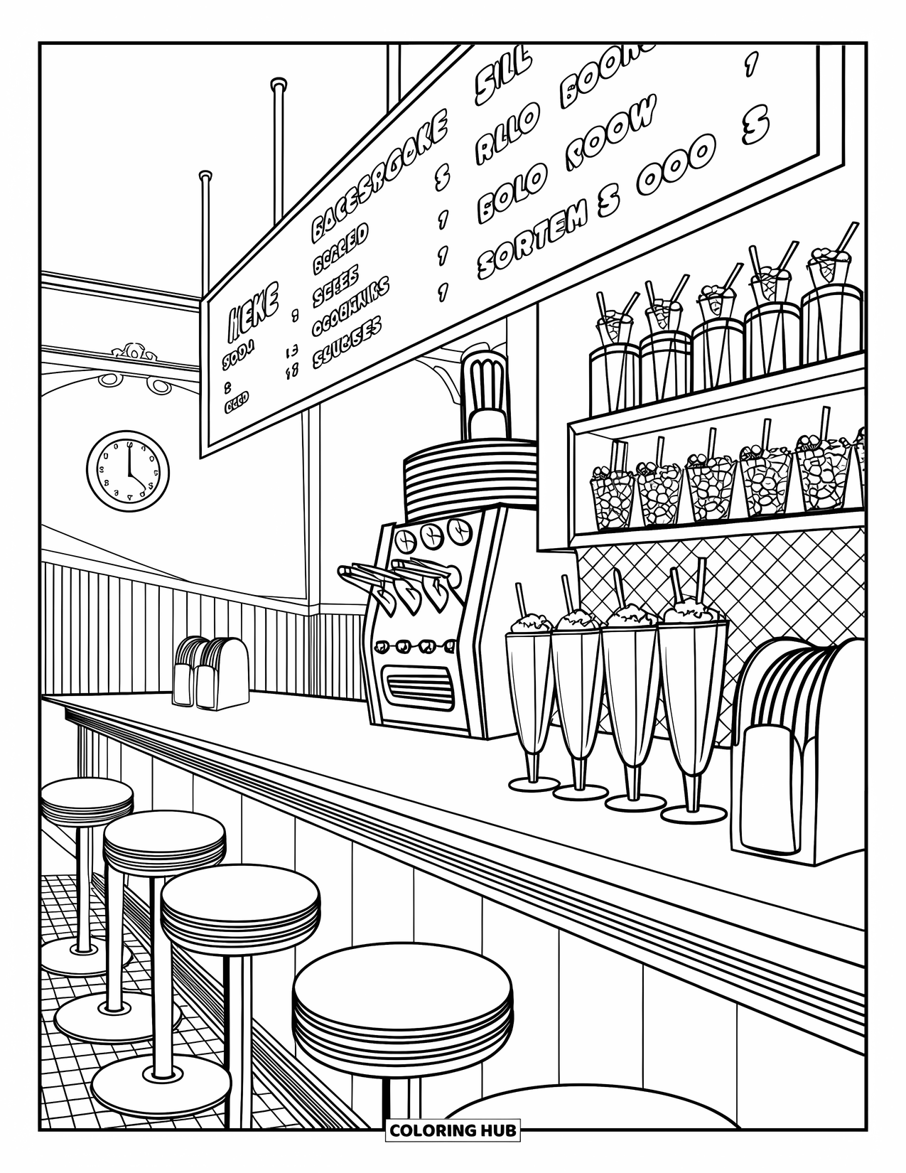 Retro Coloring Page for Kids: A vintage diner counter with milkshakes, a napkin holder, and cherries