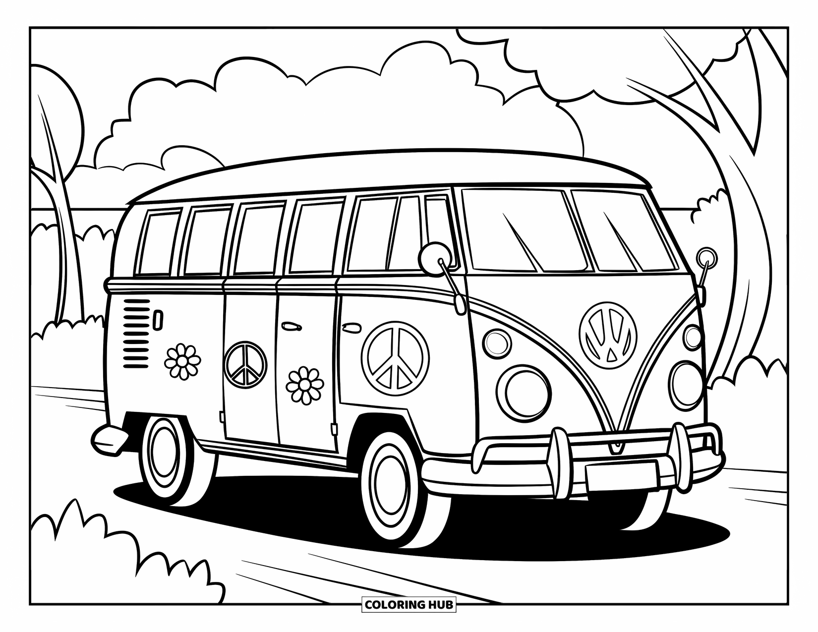 Retro Coloring Page for Kids: A vintage hippie van with peace signs under sunny skies