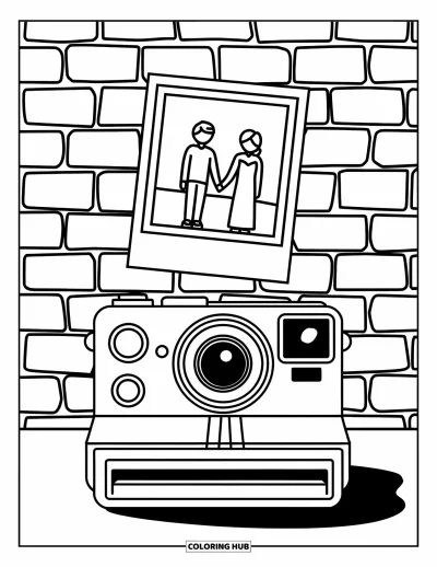 Çocuklar için Retro Boyama Sayfası: Bir çiftin sevimli fotoğrafını basan vintage bir Polaroid kamera