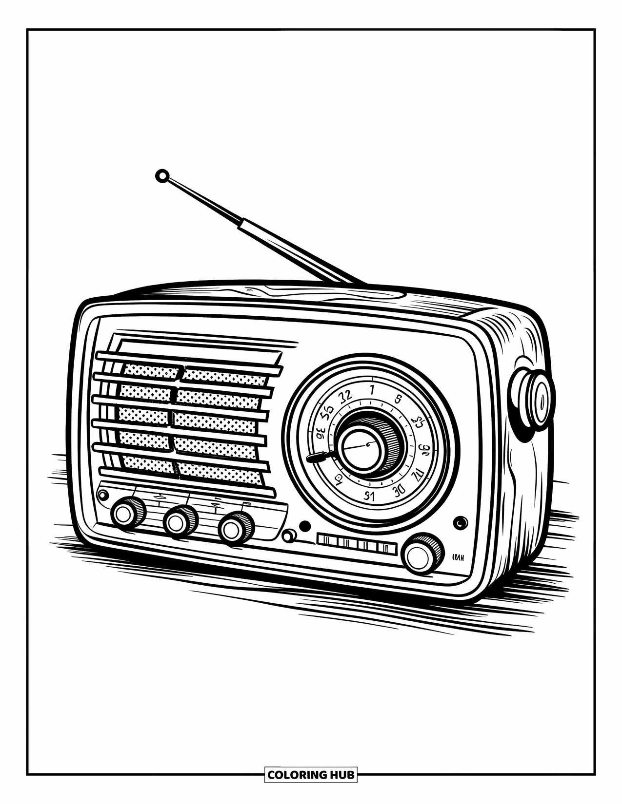 Retro Coloring Page for Kids: A vintage wooden radio with buttons and a round speaker dial