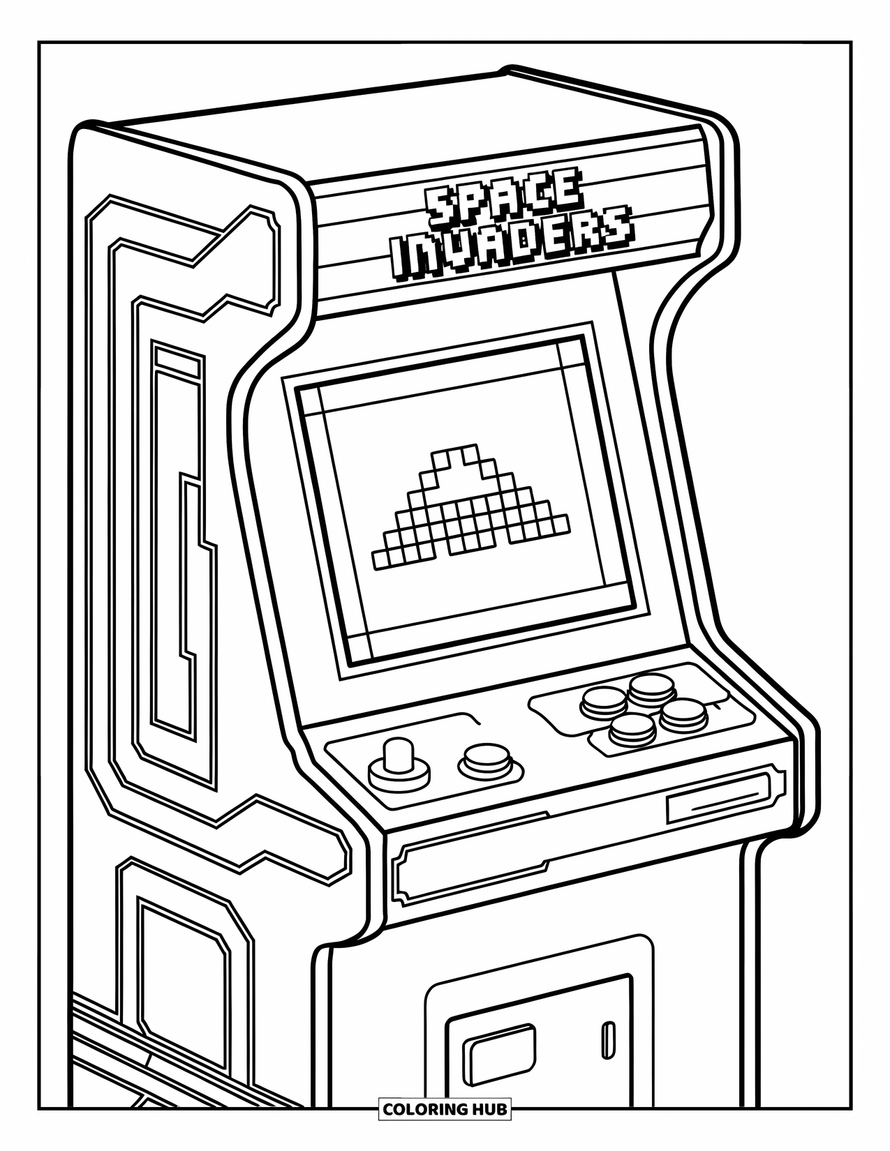 Retro Coloring Page for Kids: An arcade cabinet titled "Space Invaders" with simple designs