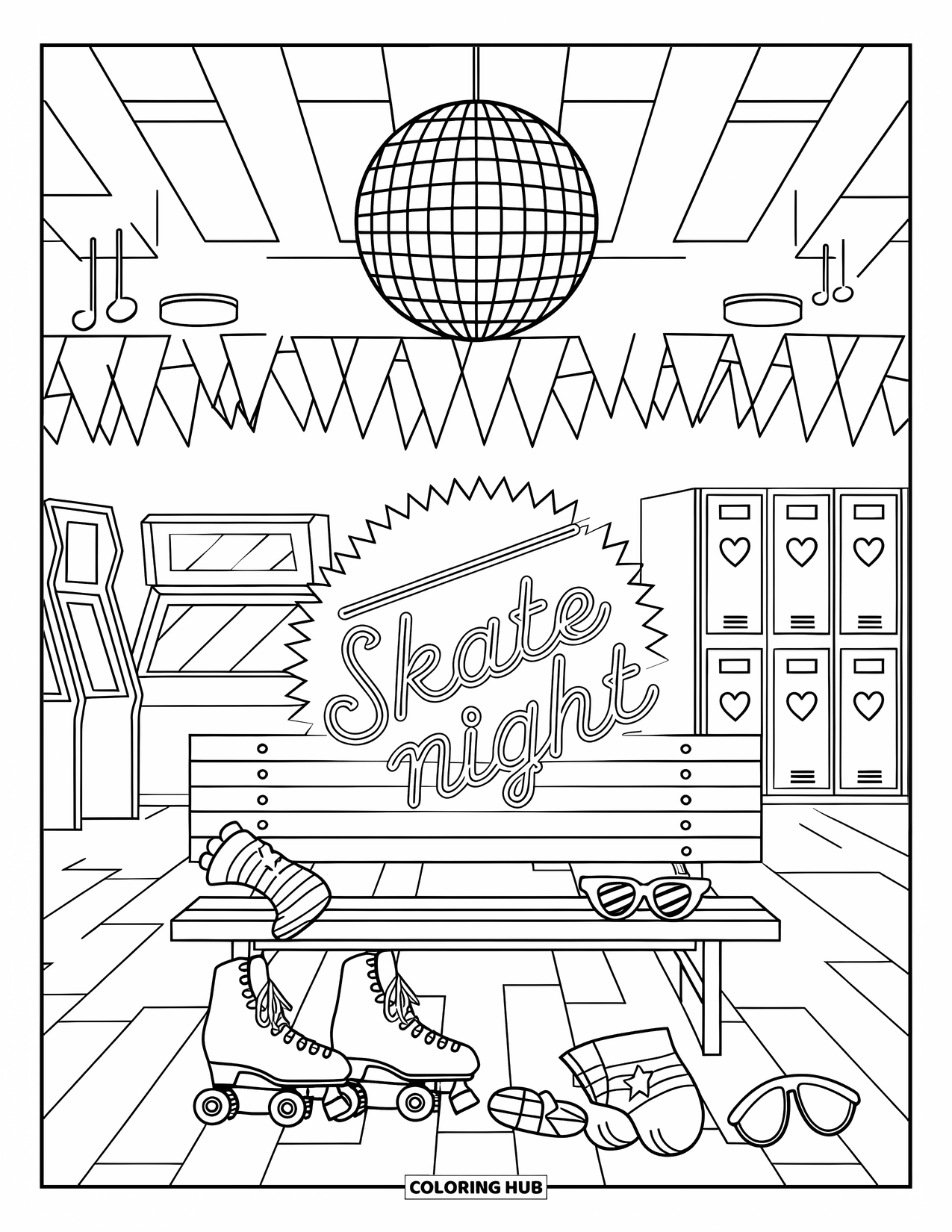 Retro Coloring Page for Kids: Roller skates rest under a disco ball inside a fun roller rink