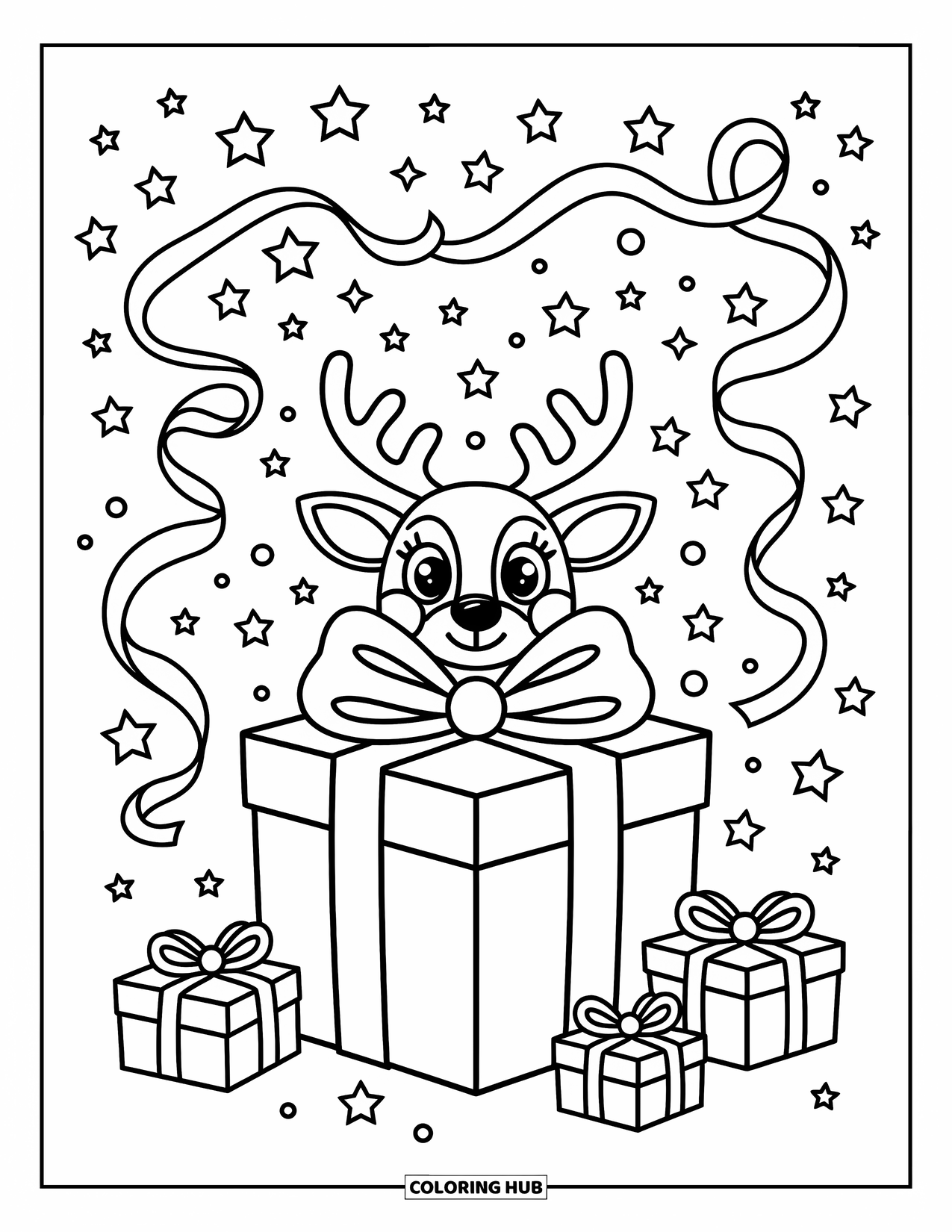 Santa And Reindeer Coloring Page for Adults: A reindeer hides behind a big gift box surrounded by bows and sparkles