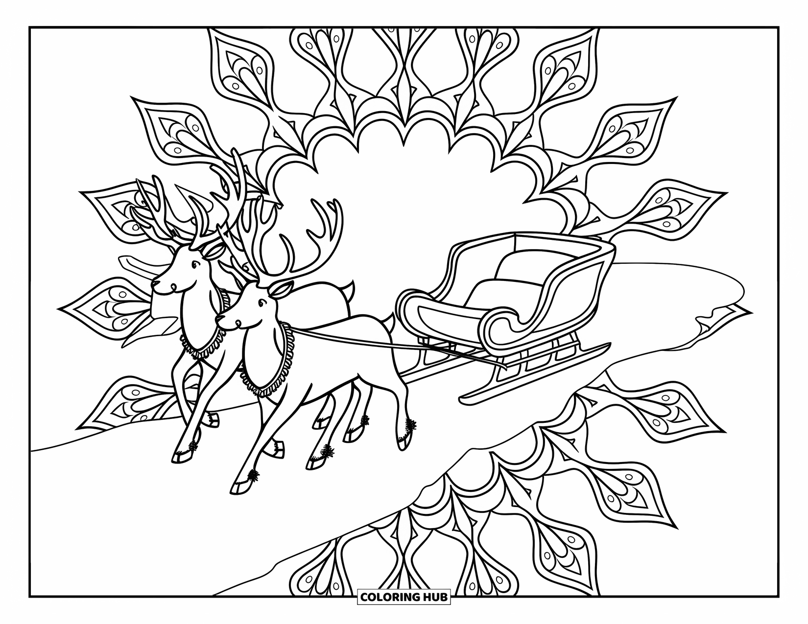 Santa And Reindeer Coloring Page for Adults: A sleigh with reindeer glides across snow beneath a floral mandala sky