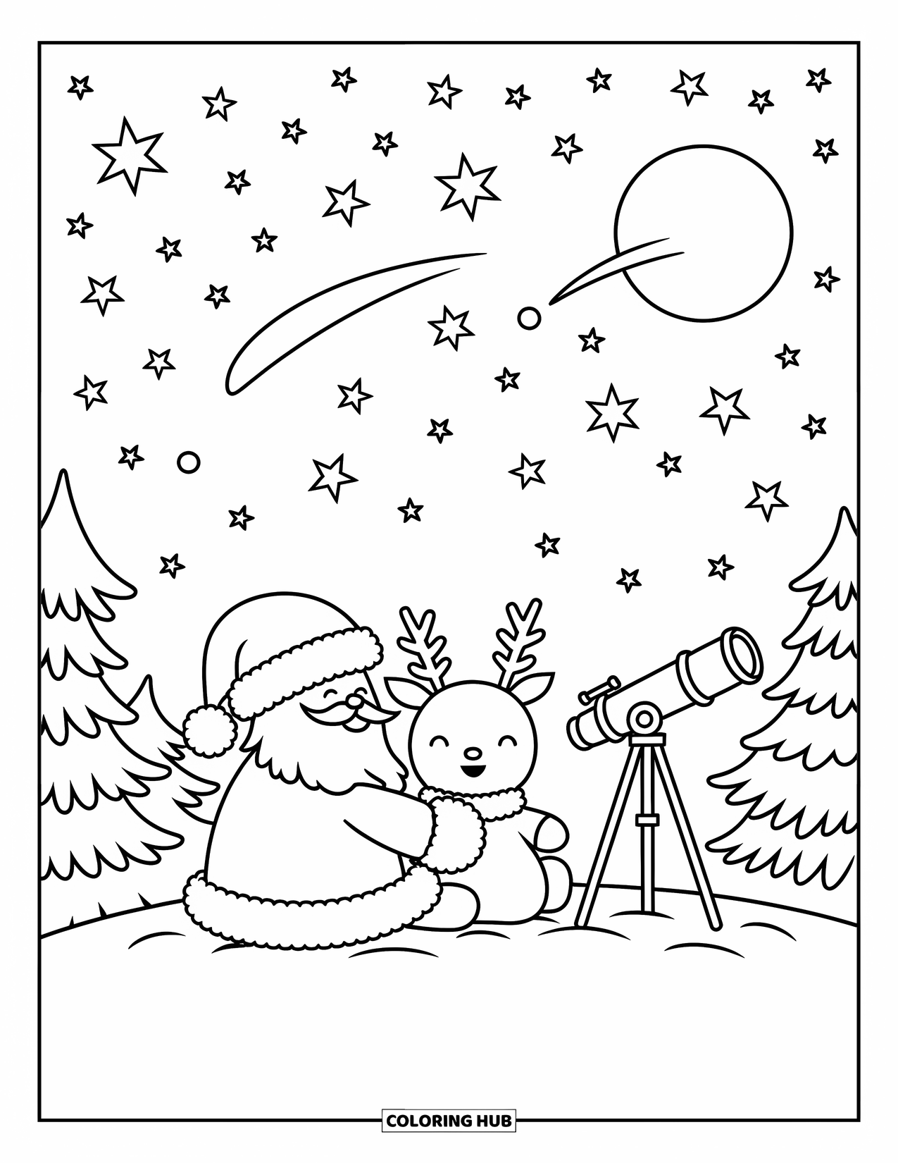 Santa And Reindeer Coloring Page for Adults: Santa and a reindeer sit quietly watching stars and a glowing moon