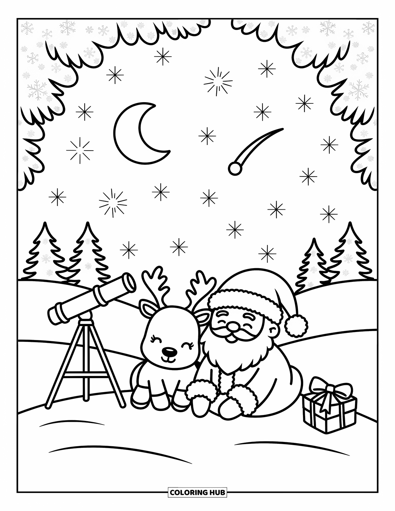 Santa And Reindeer Coloring Page for Adults: Santa and a reindeer stargaze together beside a telescope on a snowy hill