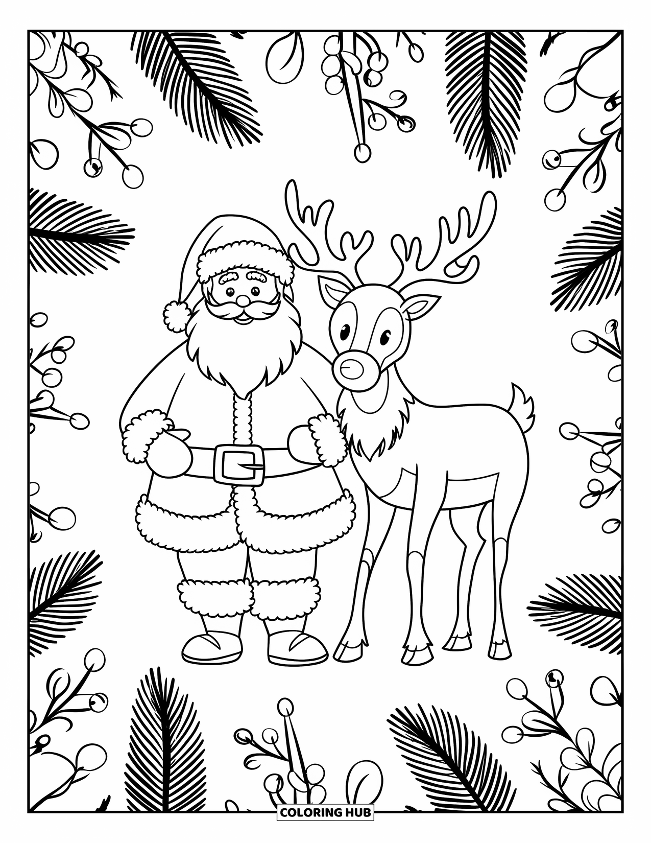 Santa And Reindeer Coloring Page for Adults: Santa and his reindeer pose among swirling pine branches and festive berries