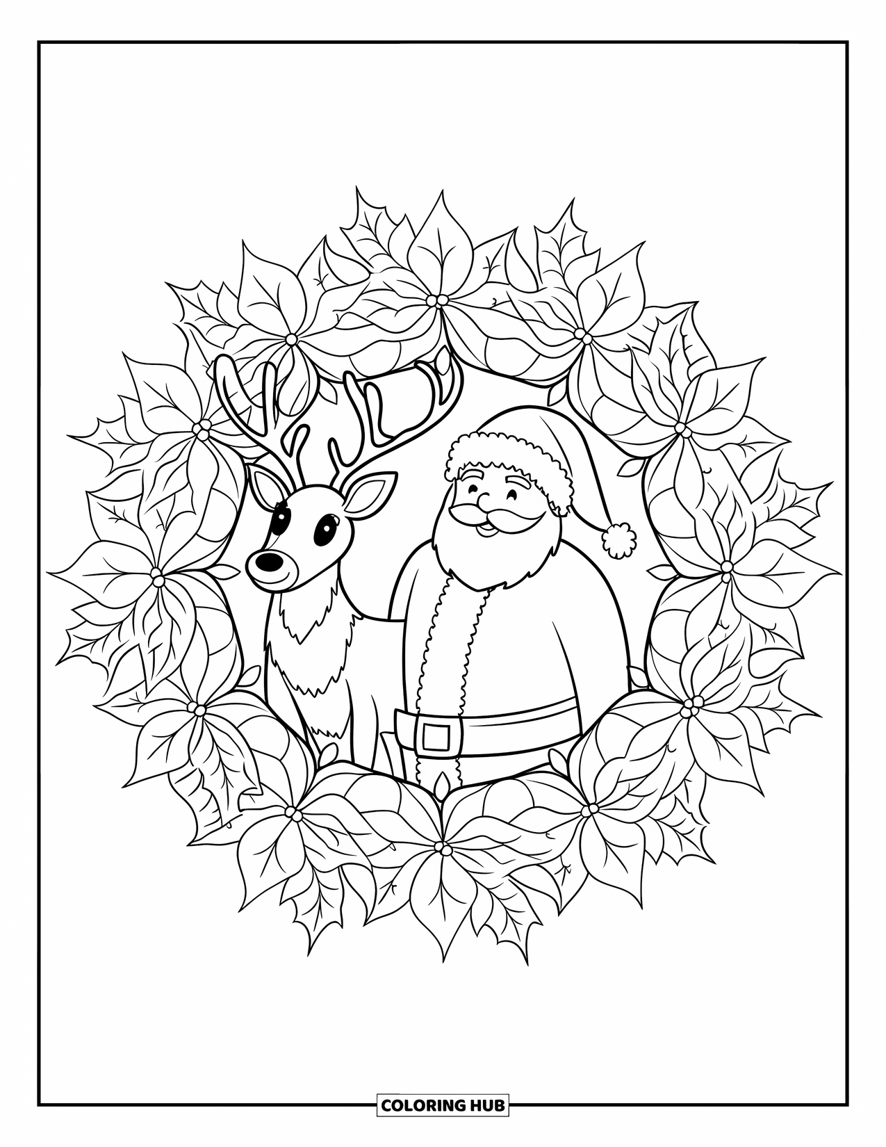 Santa And Reindeer Coloring Page for Adults: Santa and his reindeer pose inside a mandala filled with holly leaves and blooms