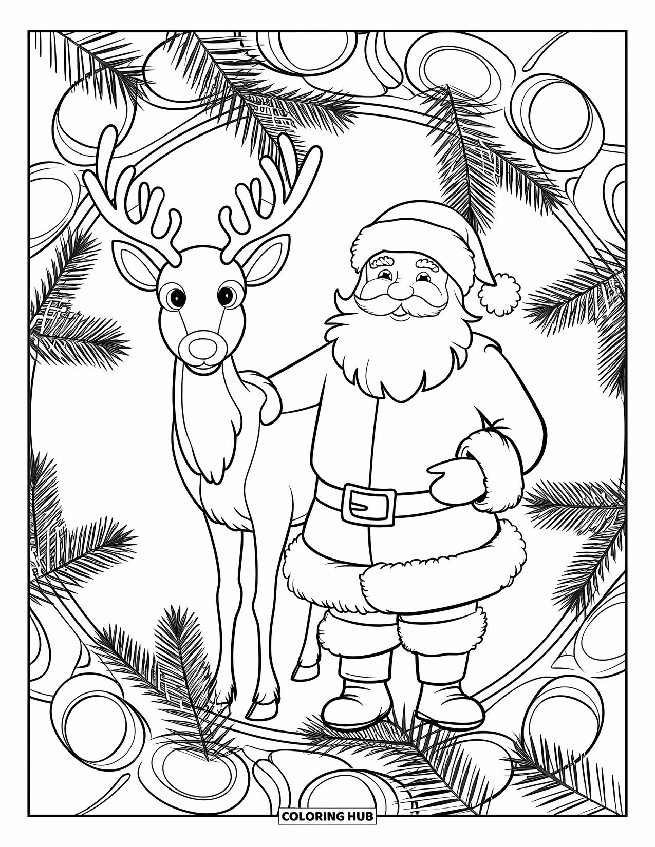 Santa And Reindeer Coloring Page for Adults: Santa and his reindeer stand surrounded by pine branches and berries in a mandala