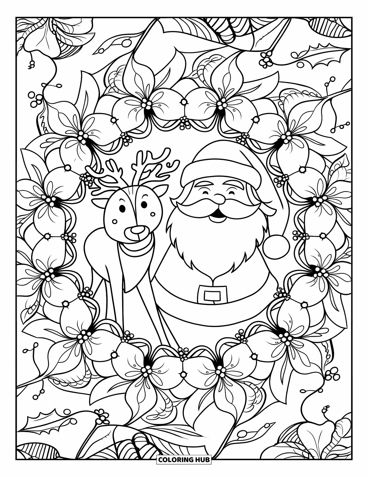 Santa And Reindeer Coloring Page for Adults: Santa and reindeer rest at the heart of a poinsettia and holly mandala
