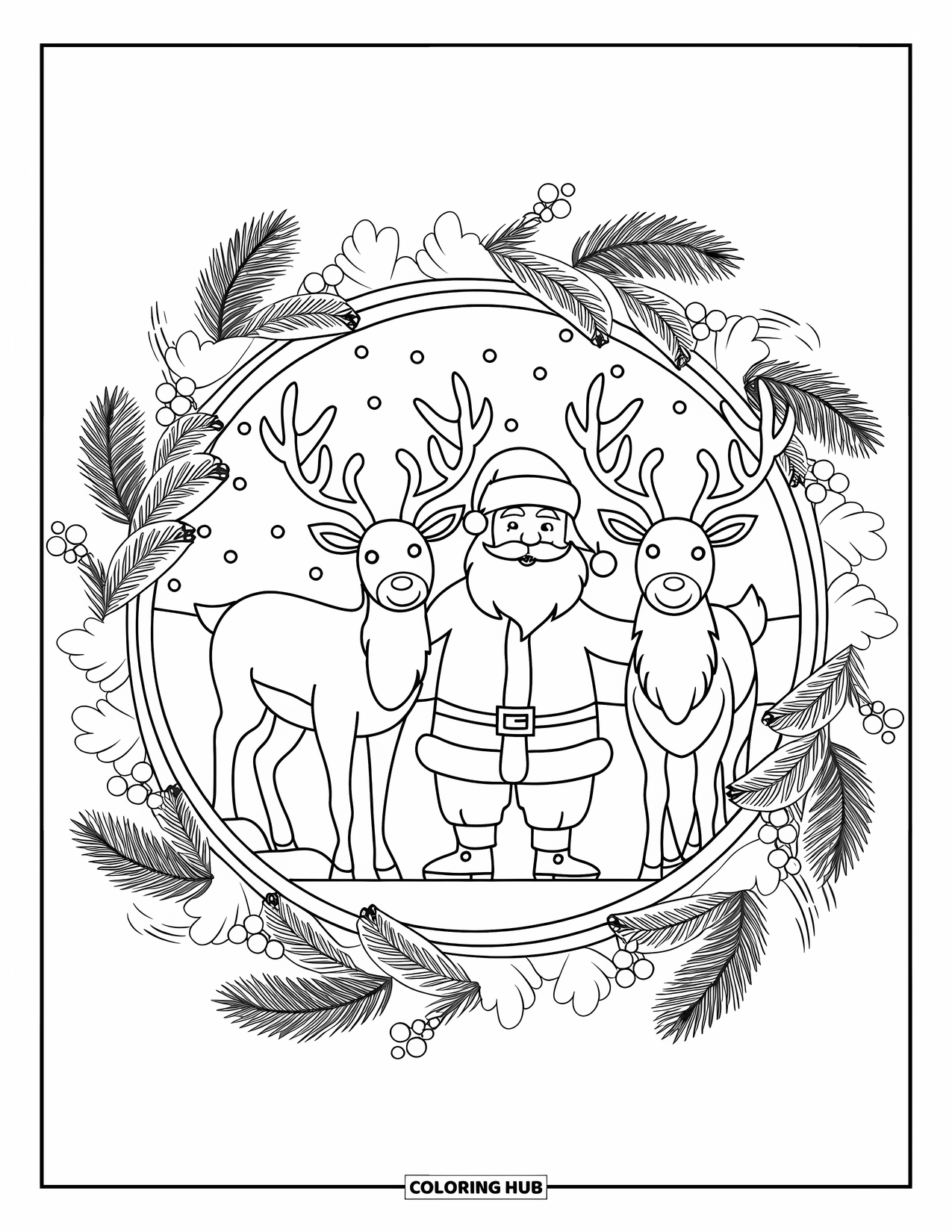Santa And Reindeer Coloring Page for Adults: Santa and reindeer smile beside pine branches and a snowy mandala background