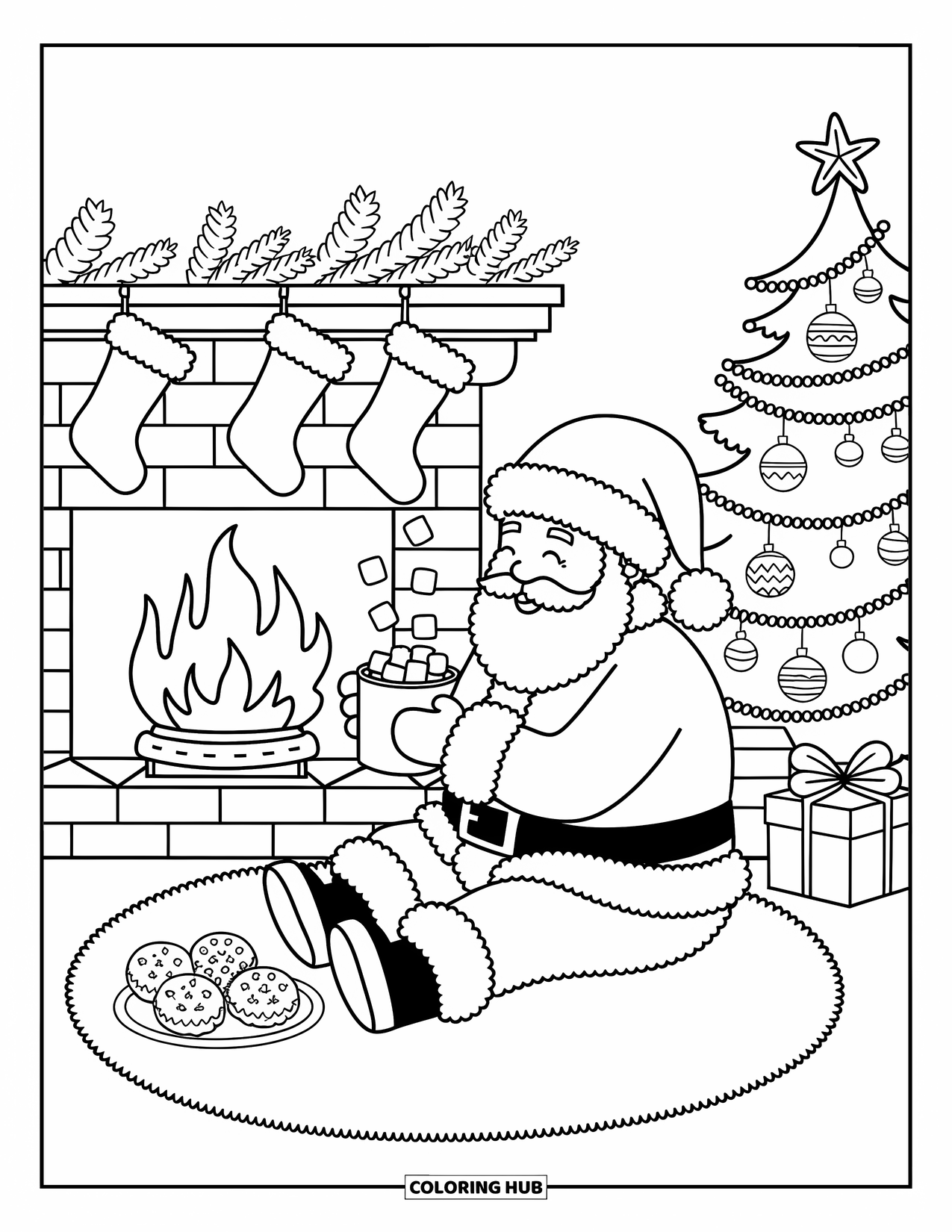 Santa And Reindeer Coloring Page for Adults: Santa drinks hot cocoa by a fireplace with cookies and stockings nearby