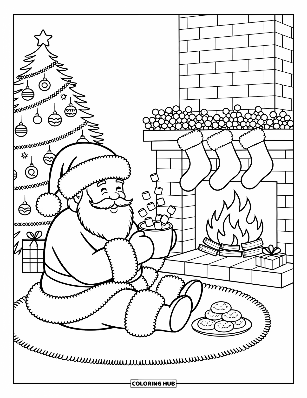 Santa And Reindeer Coloring Page for Adults: Santa enjoys a warm drink with cookies by the fire and decorated tree