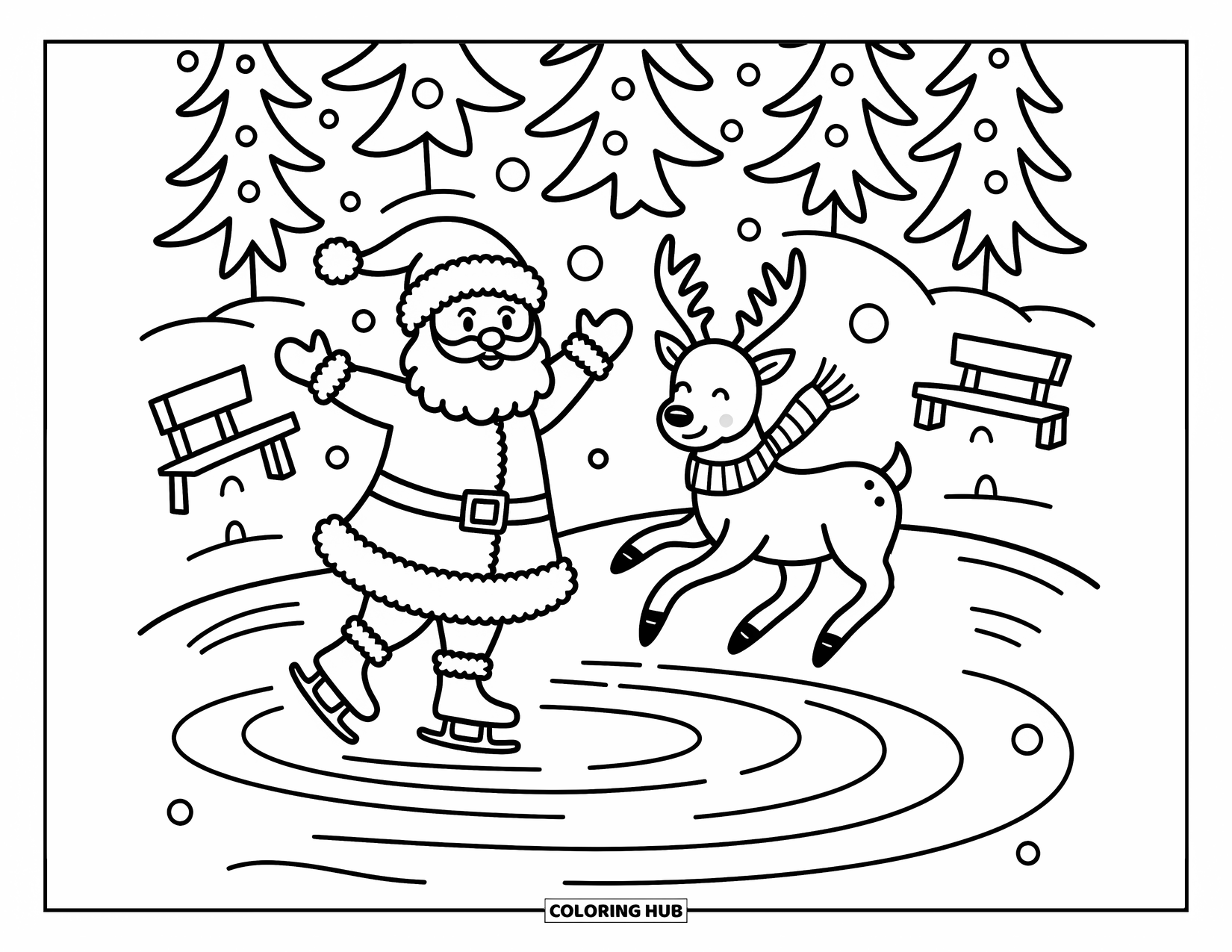 Santa And Reindeer Coloring Page for Adults: Santa glides on ice while a reindeer twirls nearby with scarves fluttering