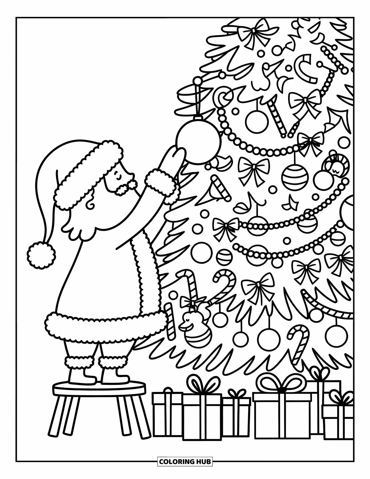 Santa And Reindeer Coloring Page for Adults: Santa hangs an ornament while a reindeer holds garland near a bright Christmas tree